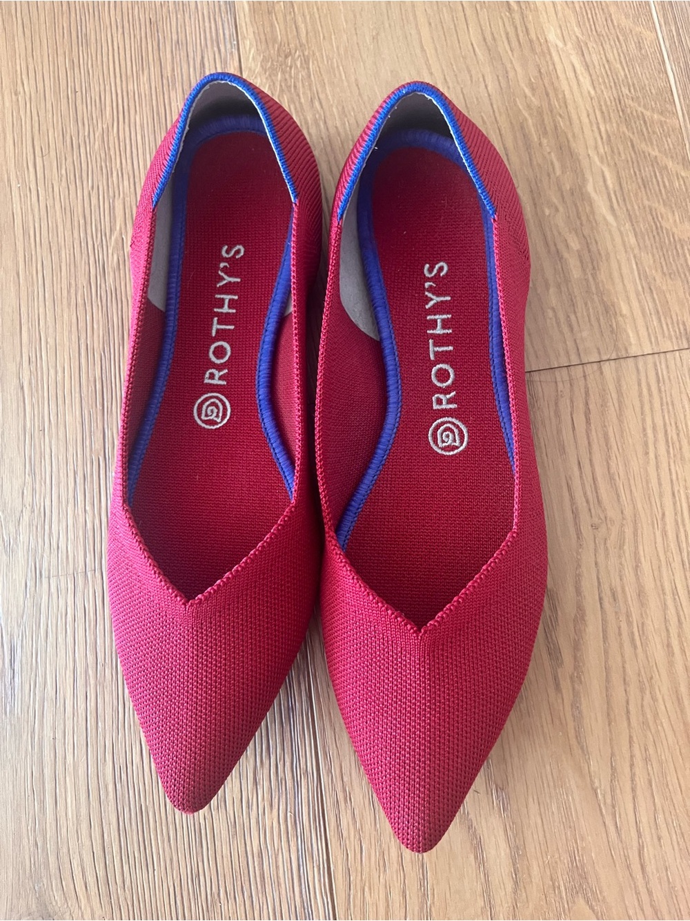 Rothy's Red Pointed Toe Knit Flats with Blue Trim